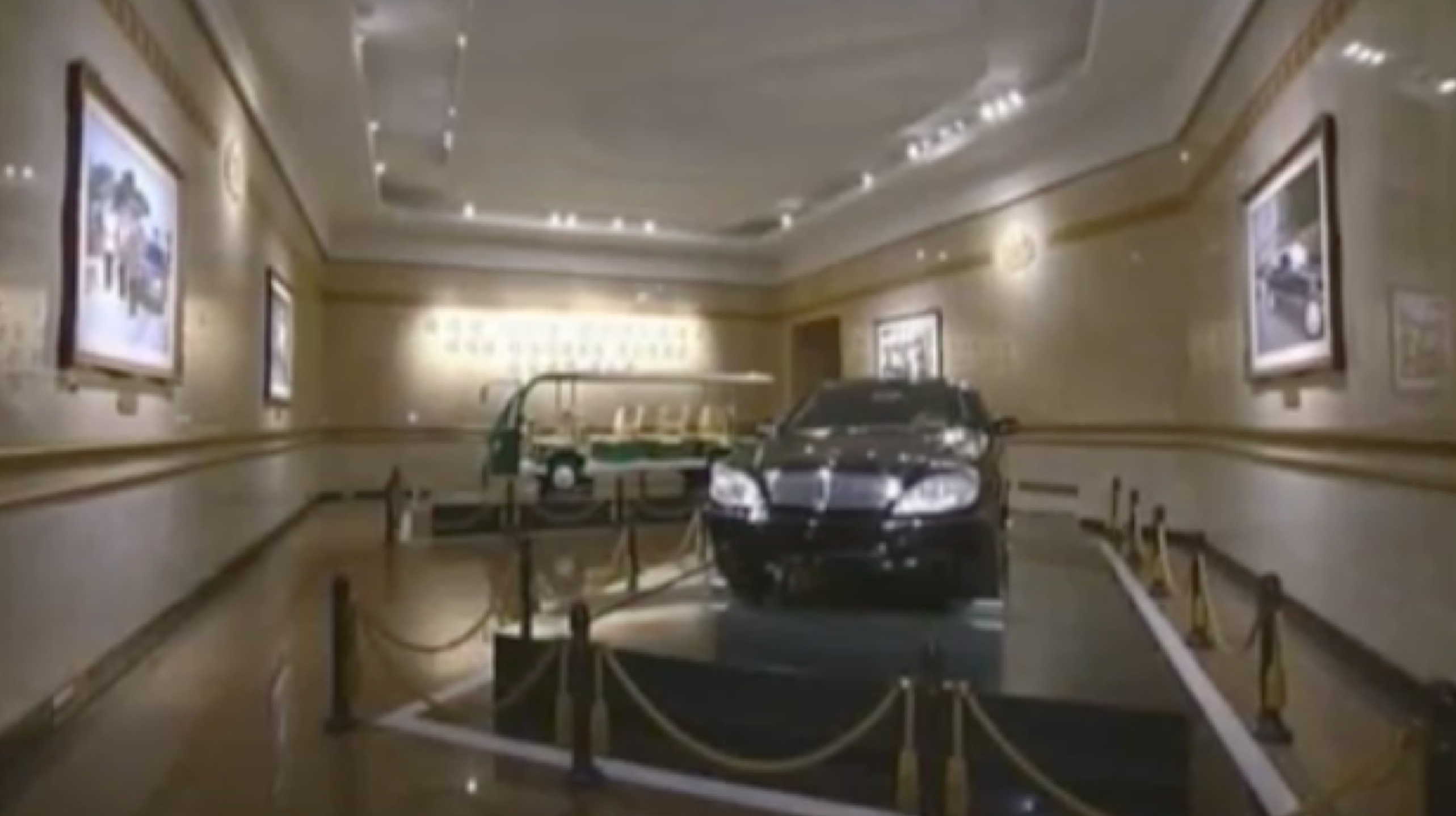 View of a room displaying Kim Jong Il's personal car and his electric mobility cart at Ku'msusan Palace of the Sun in Pyongyang (Photo: Korean Central Television).