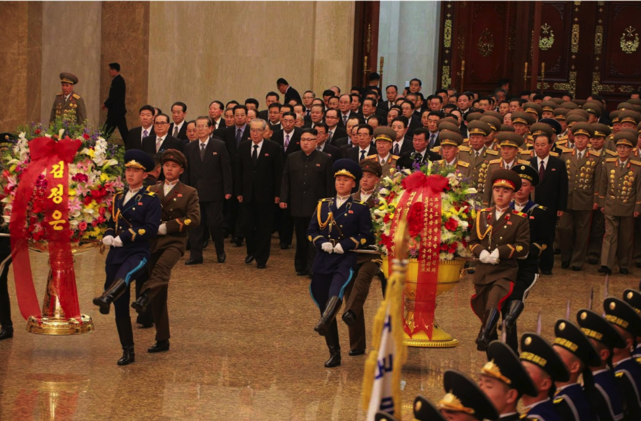 Kim Jong Un and senior WPK and security officials enter Ku'msusan Palace of the Sun in Pyongyang on February 16, 2016, the Day of the Shining Star, or KJI's birth anniversary. (Photo: Rodong Sinmun).